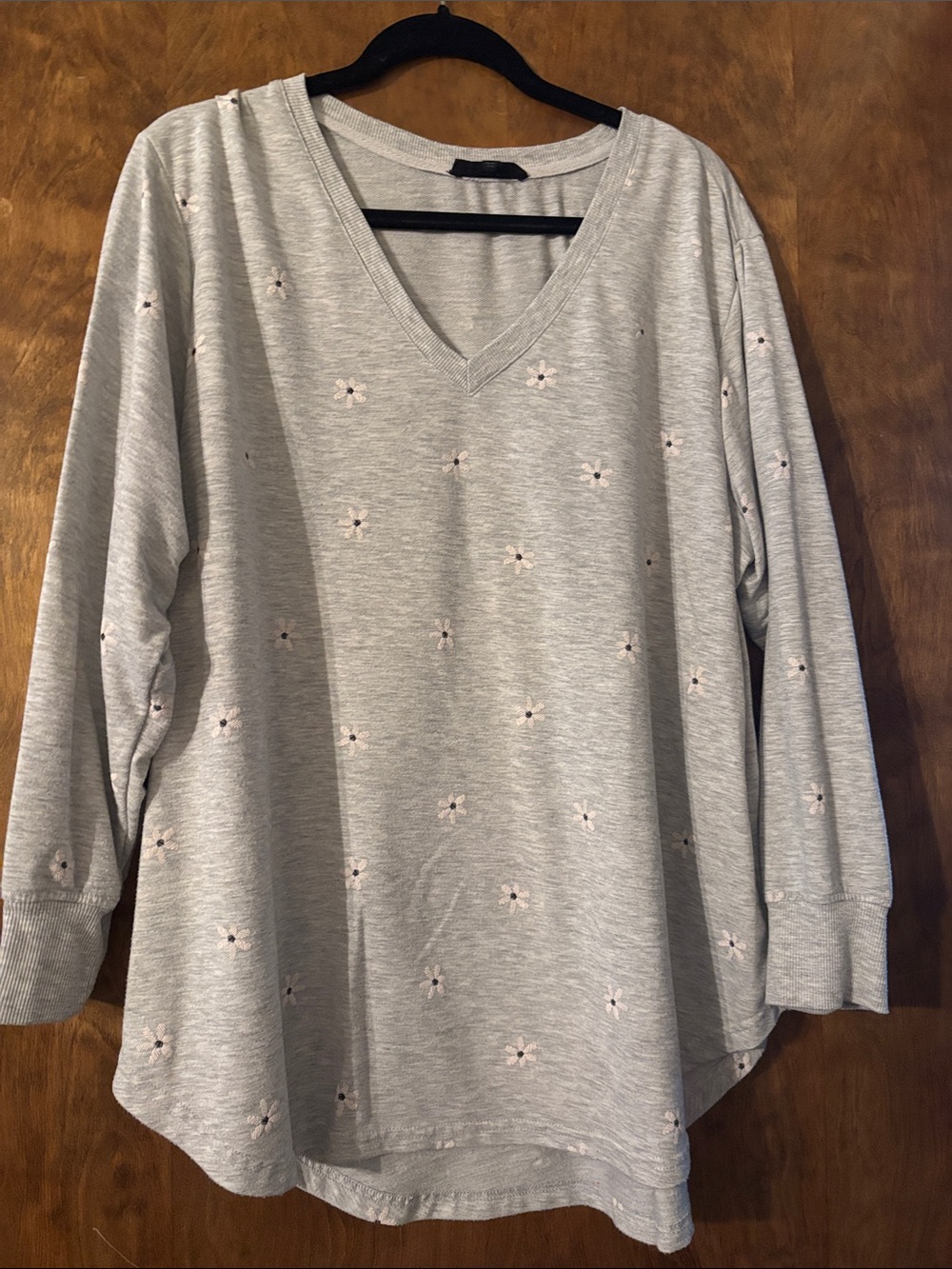 Jane and Delancey Light Grey V-Neck Long Sleeve Top with Embroidered Daisies